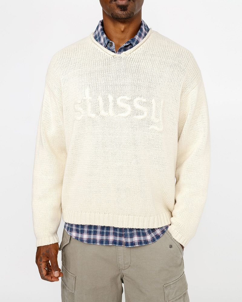 STUSSY EMBROIDERED V-NECK LOGO SWEATER Beige | STUSSY-56185