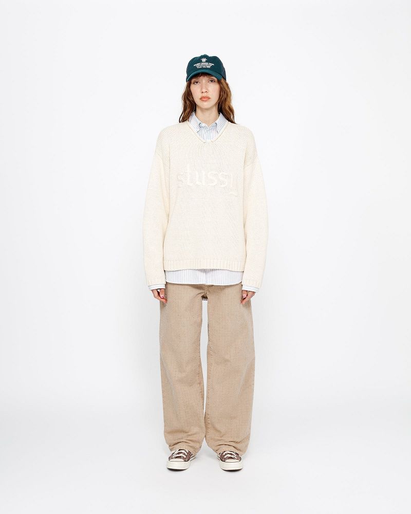 STUSSY EMBROIDERED V-NECK LOGO SWEATER Beige | STUSSY-56185