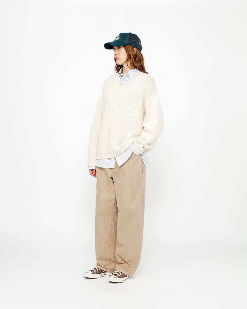 STUSSY EMBROIDERED V-NECK LOGO SWEATER Beige | STUSSY-56185