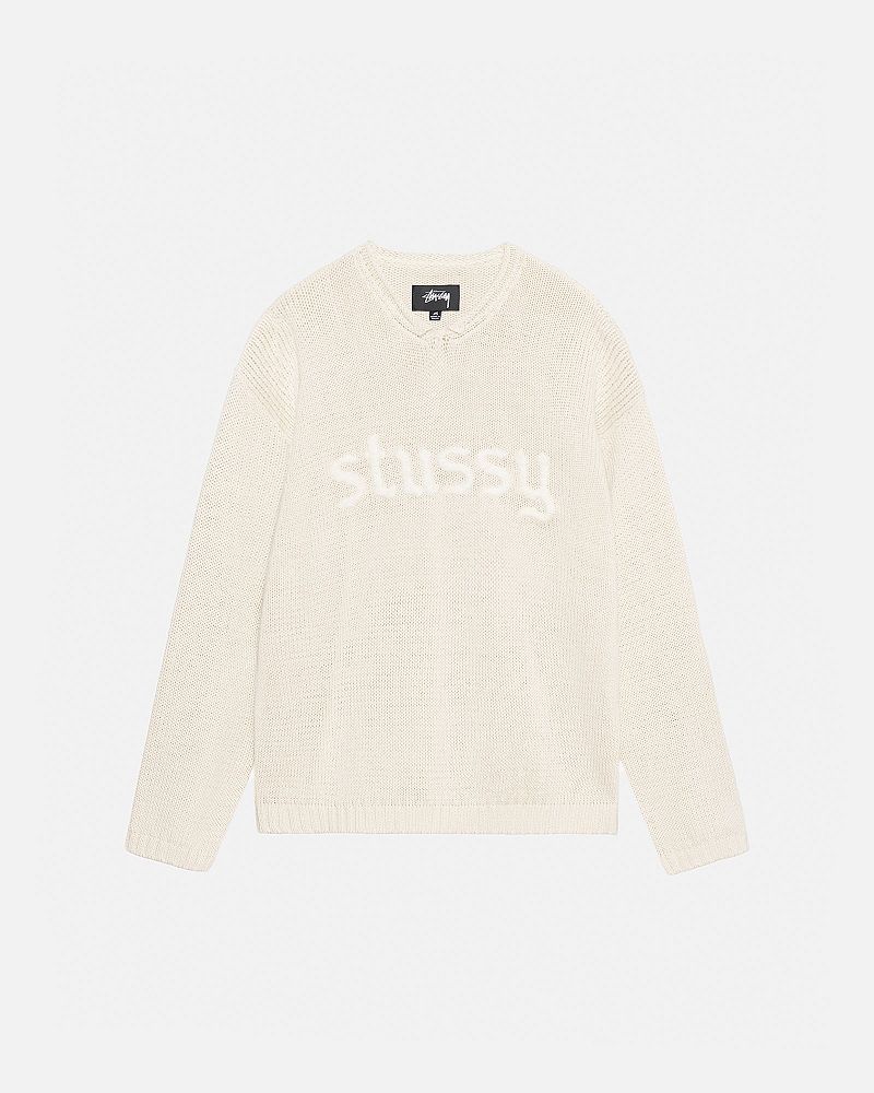 STUSSY EMBROIDERED V-NECK LOGO SWEATER Beige | STUSSY-56185