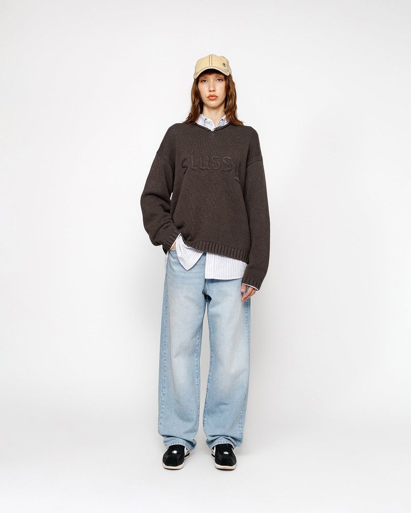 STUSSY EMBROIDERED V-NECK LOGO SWEATER Marron | STUSSY-56184