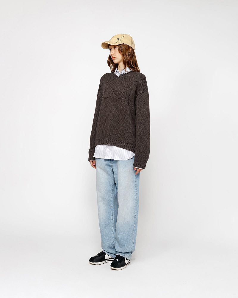 STUSSY EMBROIDERED V-NECK LOGO SWEATER Marron | STUSSY-56184