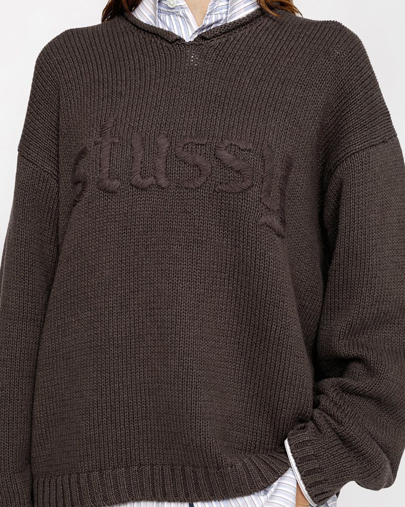 STUSSY EMBROIDERED V-NECK LOGO SWEATER Marron | STUSSY-56184