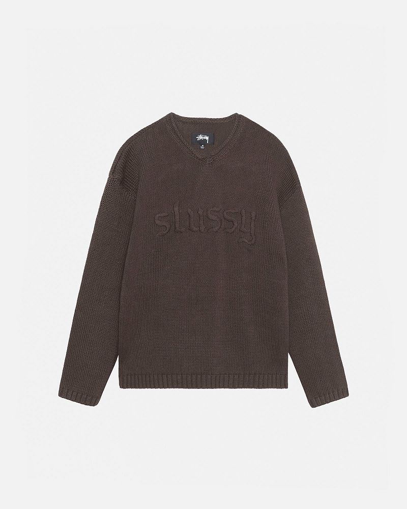 STUSSY EMBROIDERED V-NECK LOGO SWEATER Marron | STUSSY-56184