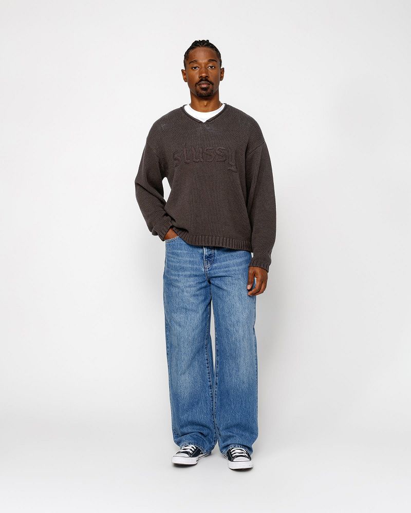 STUSSY EMBROIDERED V-NECK LOGO SWEATER Marron | STUSSY-56184