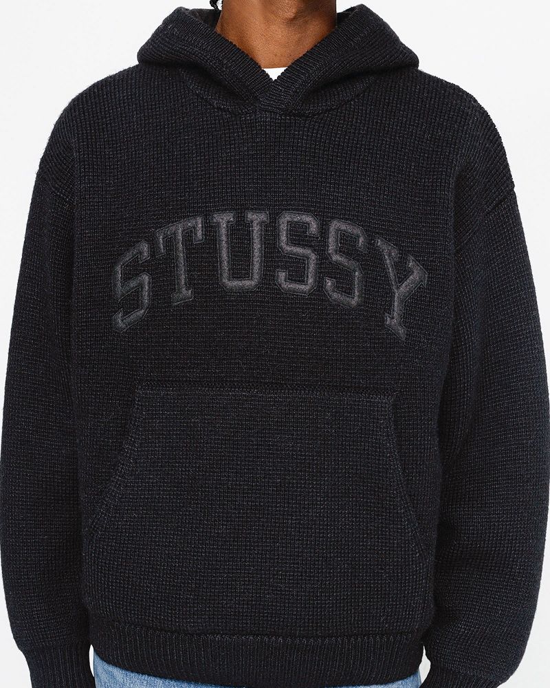 STUSSY FELT PATCH KNIT HOODIE Noir | STUSSY-56191