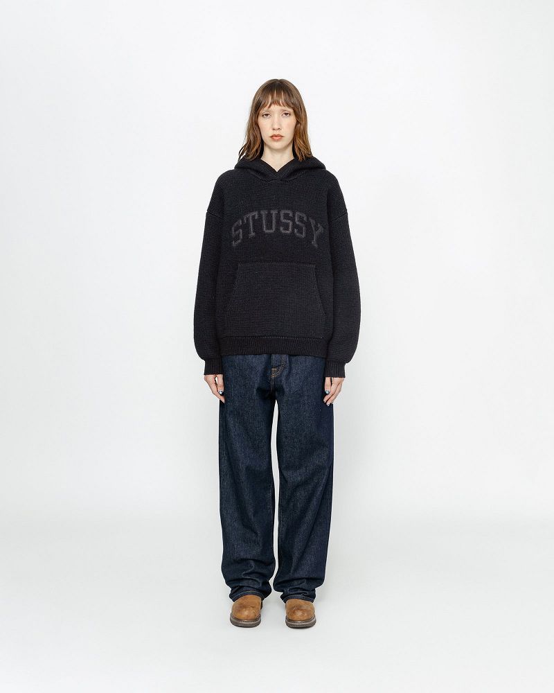 STUSSY FELT PATCH KNIT HOODIE Noir | STUSSY-56191