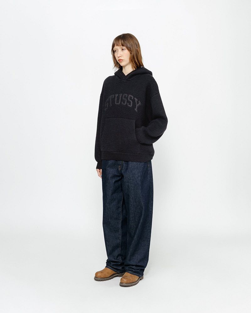 STUSSY FELT PATCH KNIT HOODIE Noir | STUSSY-56191