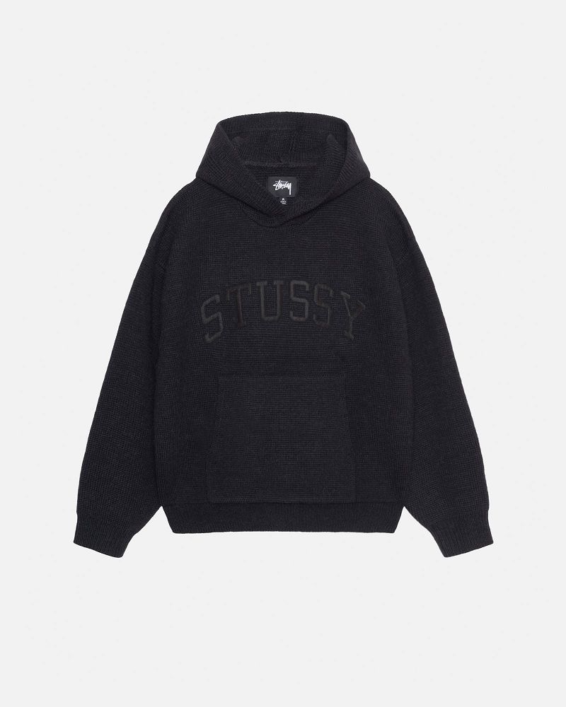 STUSSY FELT PATCH KNIT HOODIE Noir | STUSSY-56191