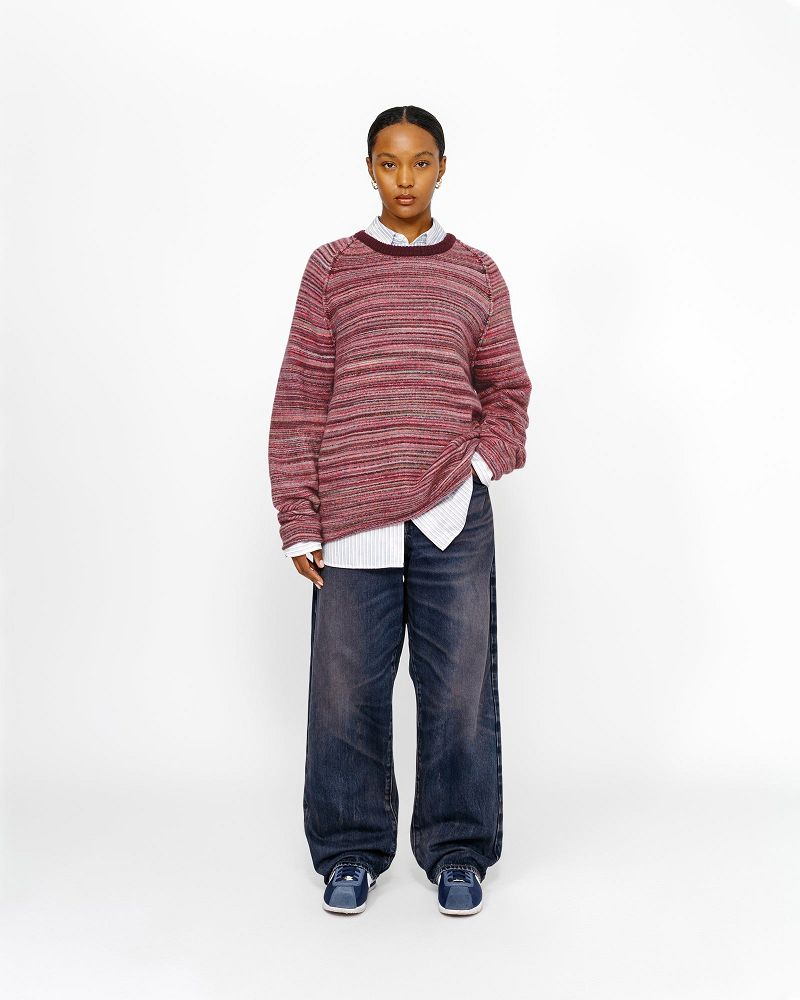 STUSSY TEXTURED KNIT CONTRAST COLLAR CREW Rouge Multicolore | STUSSY-56198