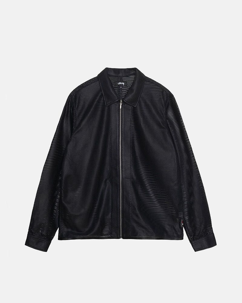 STUSSY ZIP SHIRT PERFORATED LEATHER Noir | STUSSY-56165
